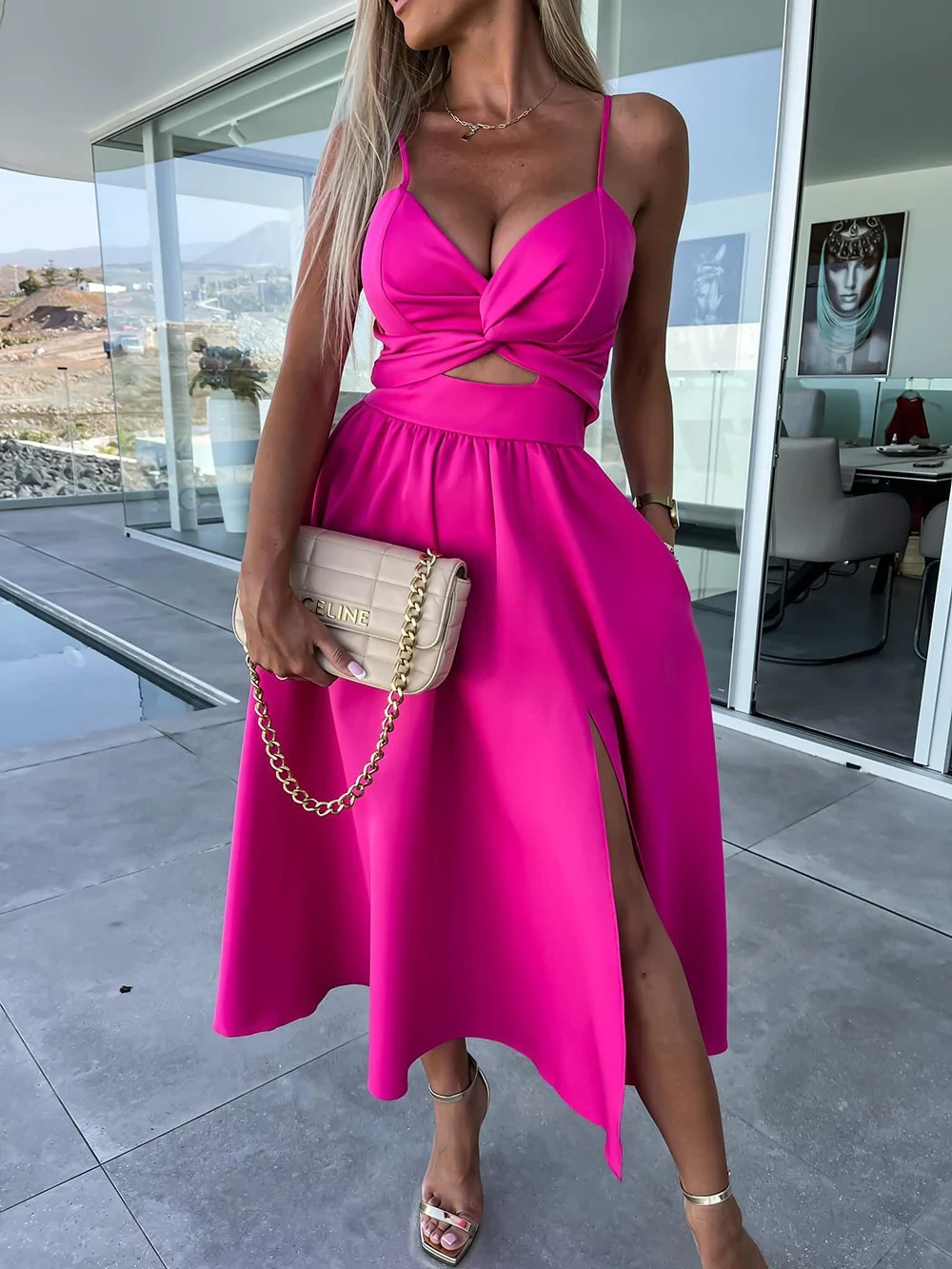 Split Low Back Twist Front V Neck Halter Vacation Maxi Dress - Navy - Image 2