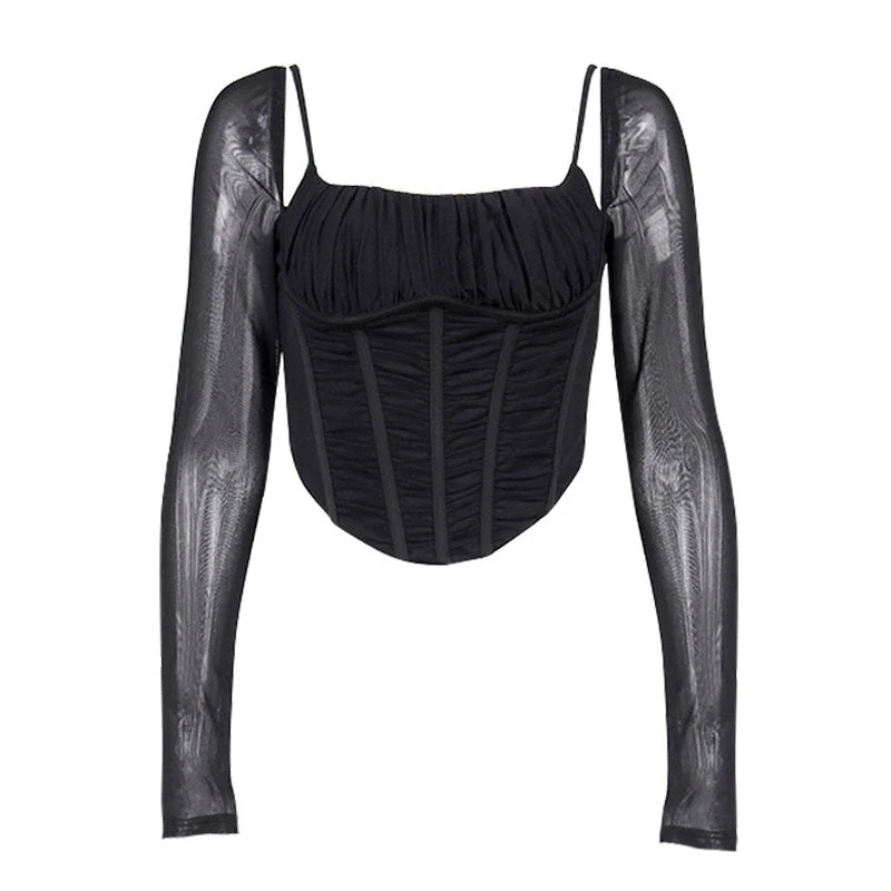 Square Neck Mesh Long Sleeve Ruched Cropped Corset Top - Black - Image 2