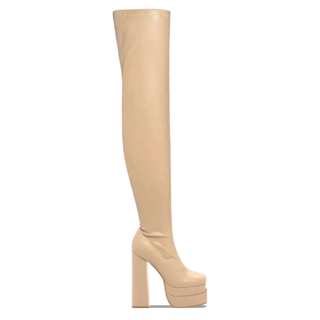 Sexy Square Toe Over Knee Platform Chunky Heeled Boots - Apricot - Image 3