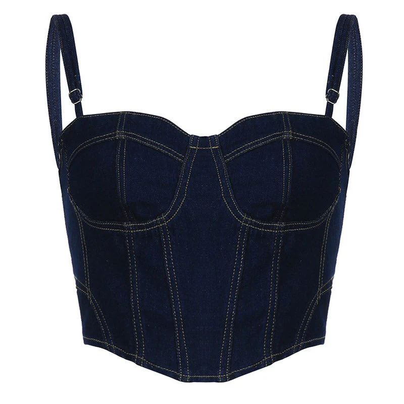 Sweetheart Cami Lace Up Cropped Sleeveless Denim Top - Dark Blue - Image 4