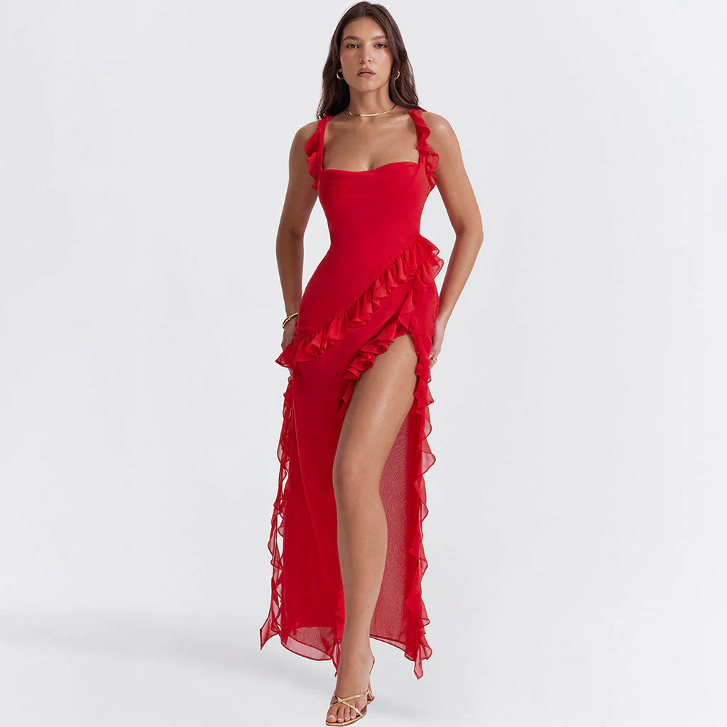 Sexy Sweetheart Neck Draped Ruffle Strap Split Sleeveless Maxi Evening Dress - Image 4