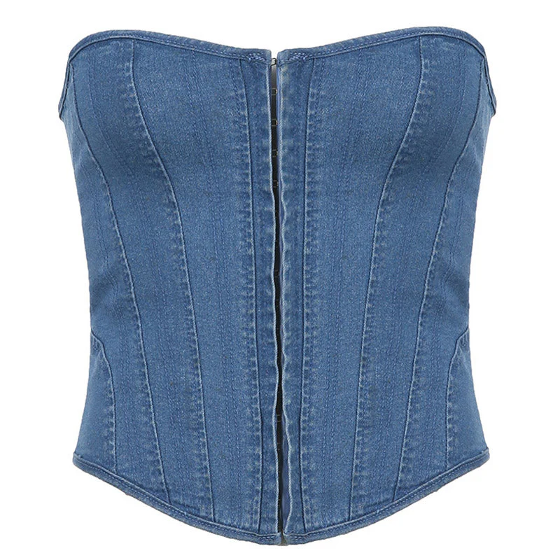 Sweetheart Neck Hook and Eye Lace Up Back Denim Tube Top - Blue - Image 4