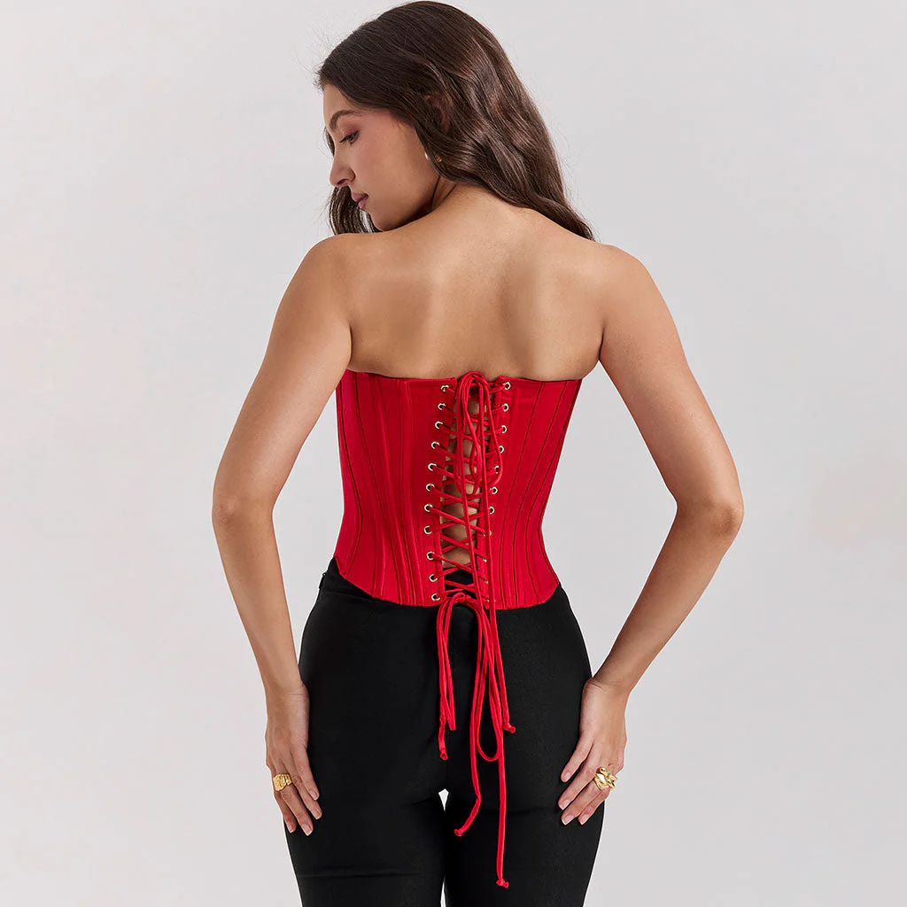 Sexy Sweetheart Neck Lace Up Back Cropped Corset Tube Top - Image 3