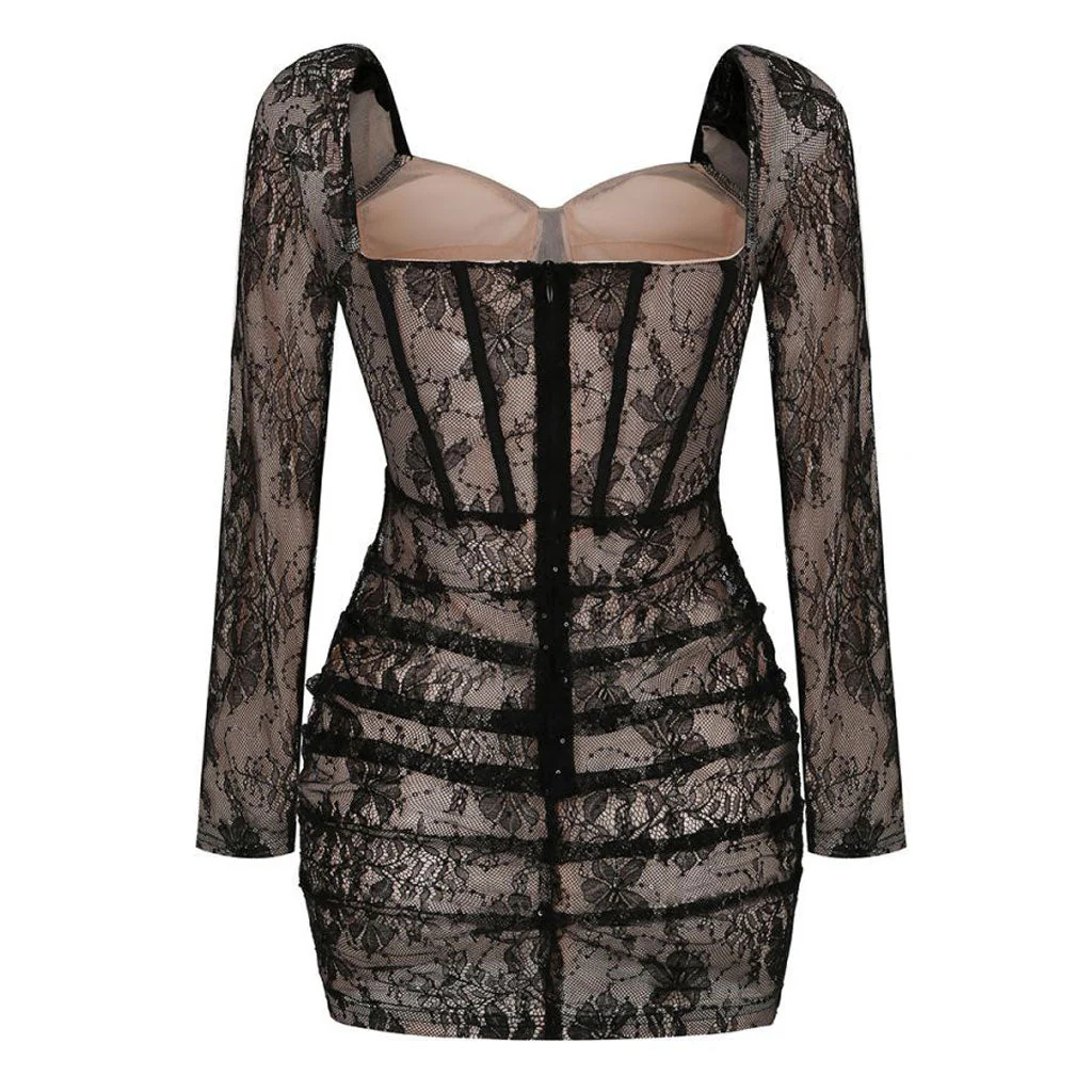 Sexy Sweetheart Neck Puff Sleeve Sequined Lace Ruched Corset Mini Party Dress - Image 2