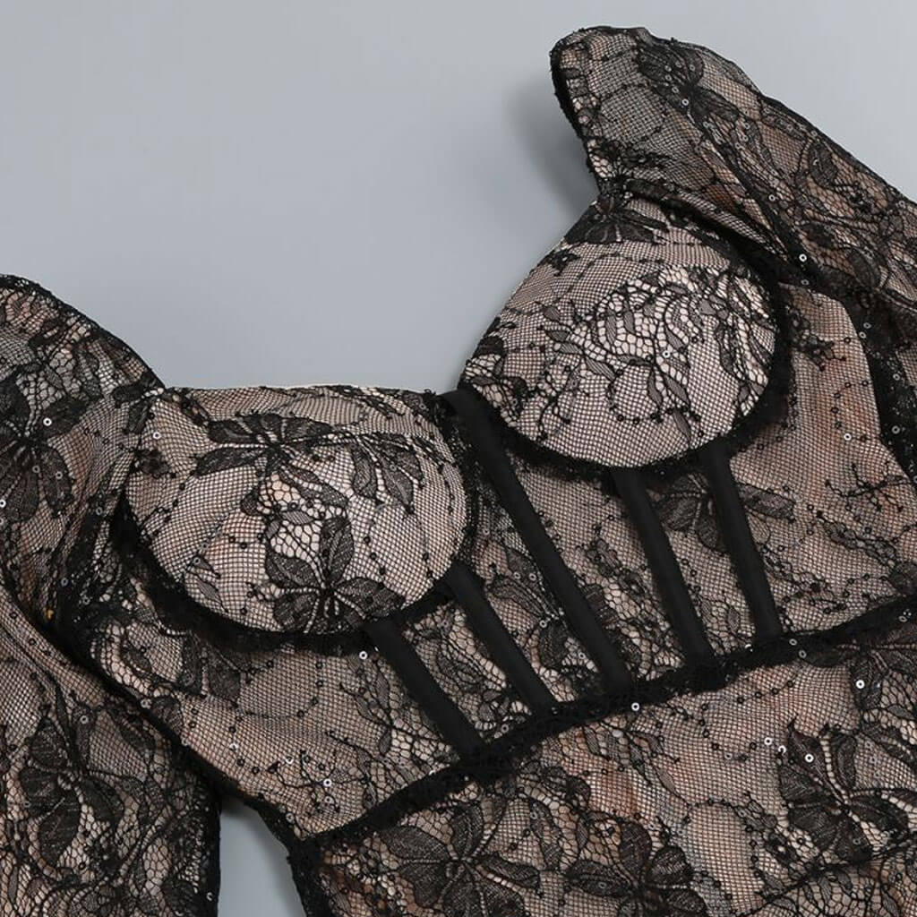 Sexy Sweetheart Neck Puff Sleeve Sequined Lace Ruched Corset Mini Party Dress - Image 3