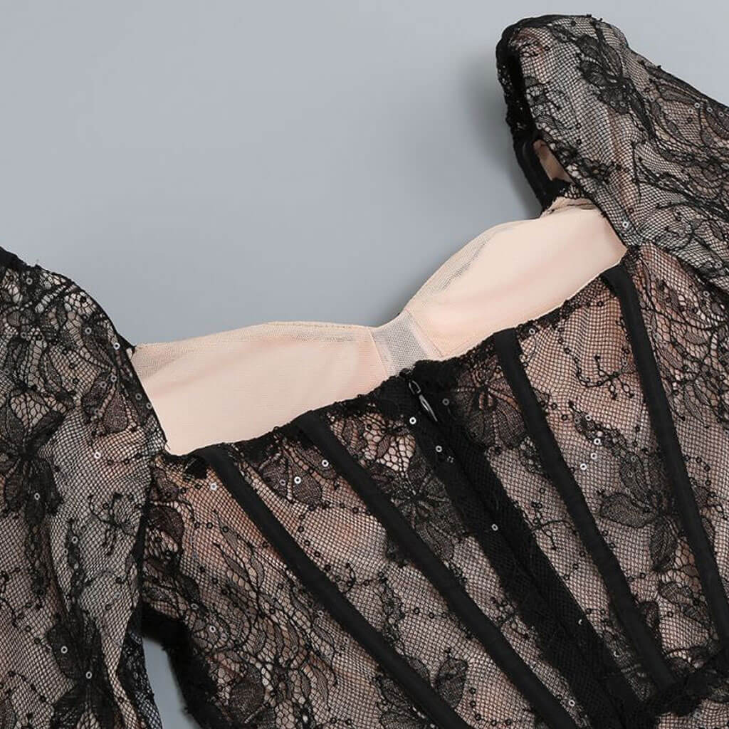 Sexy Sweetheart Neck Puff Sleeve Sequined Lace Ruched Corset Mini Party Dress - Image 4