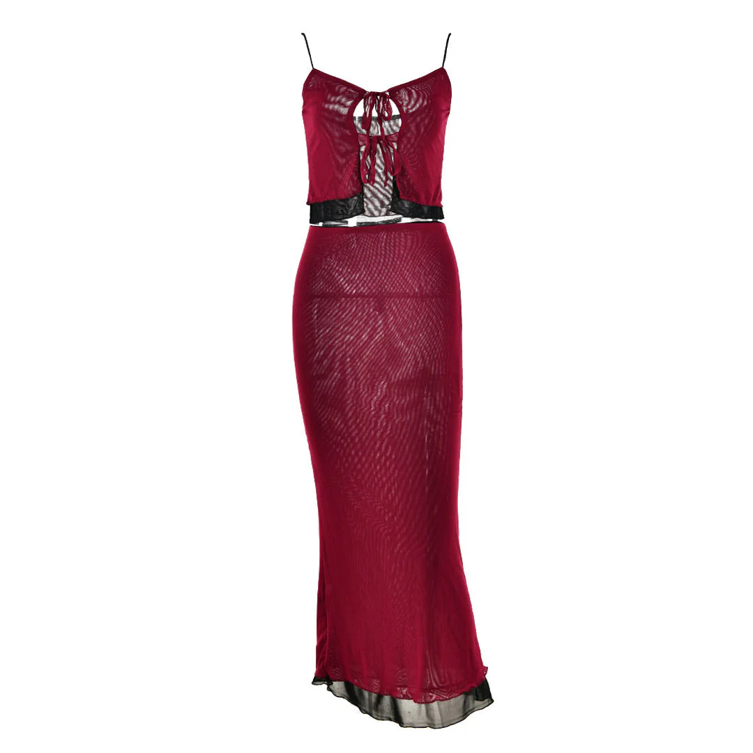 Tie Neck High Waist Contrast Layered Mesh Skirt Matching Set - Burgundy - Image 2