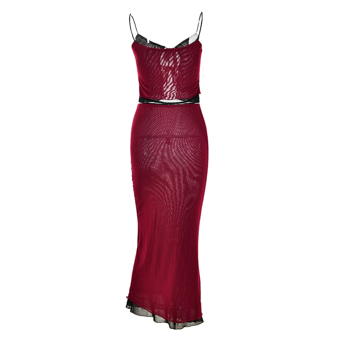 Tie Neck High Waist Contrast Layered Mesh Skirt Matching Set - Burgundy - Image 3