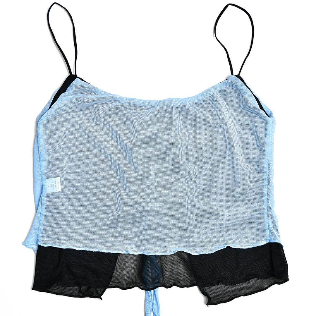 Tie Neck High Waist Contrast Layered Mesh Skirt Matching Set - Light Blue - Image 5