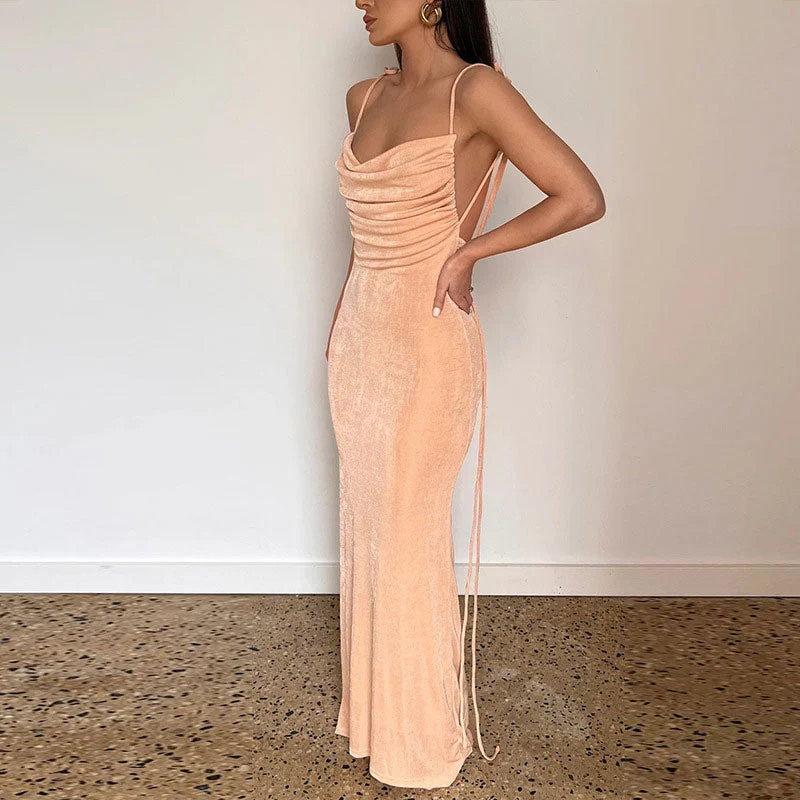 Tie Shoulder Cowl Neck Ruched Trim Backless Sheer Maxi Dress - Apricot - Image 2