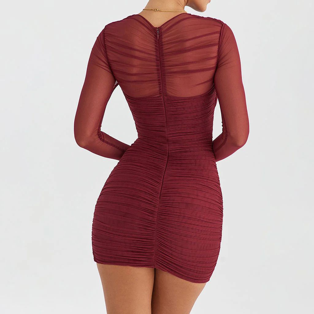 Sexy Wrapped V Neck Sheer Long Sleeve Ruched Mesh Party Bodycon Mini Dress - Image 4