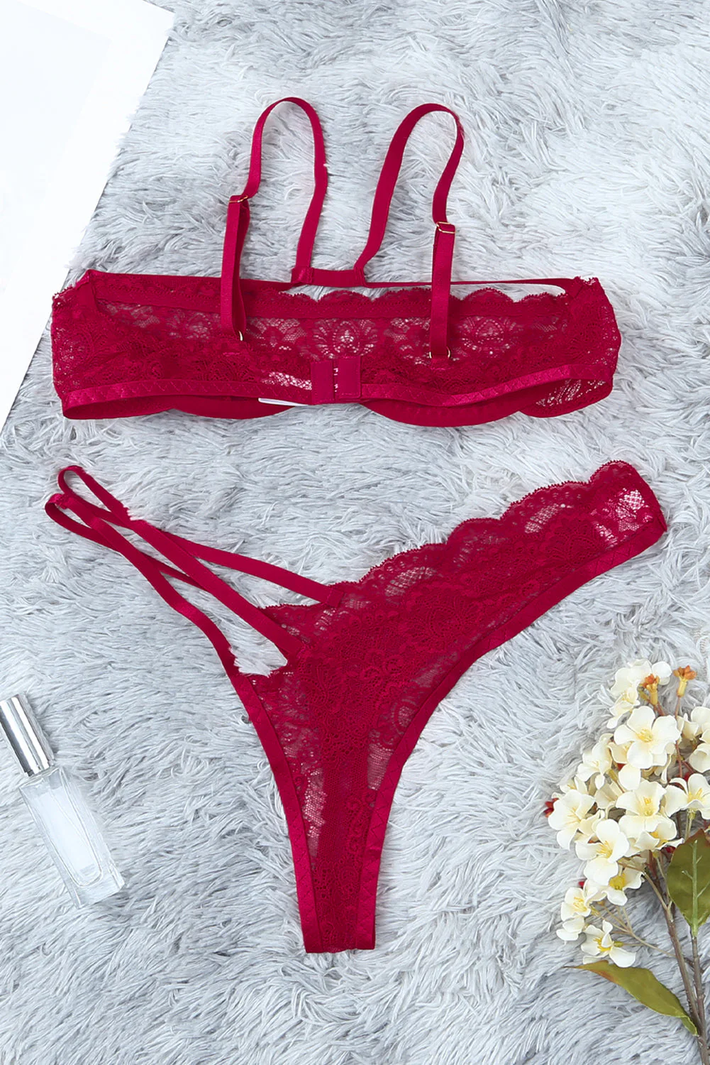 Sheer Lace Asymmetric Strappy 2Pcs Lingerie Set - Image 24