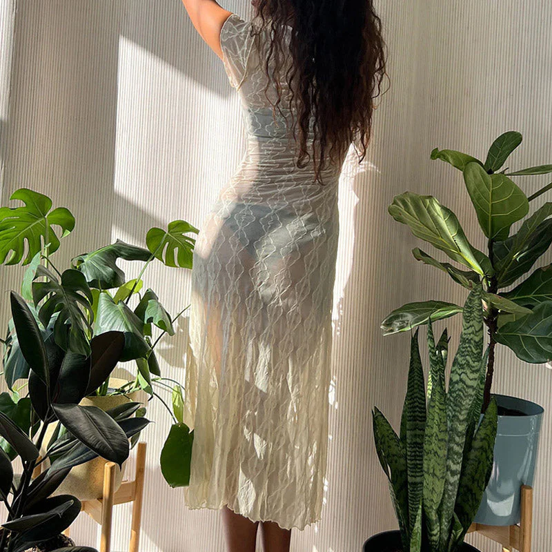 Sheer Lace Pattern Crew Neck Cap Sleeve Bow Vacation Midi Dress - Apricot - Image 3