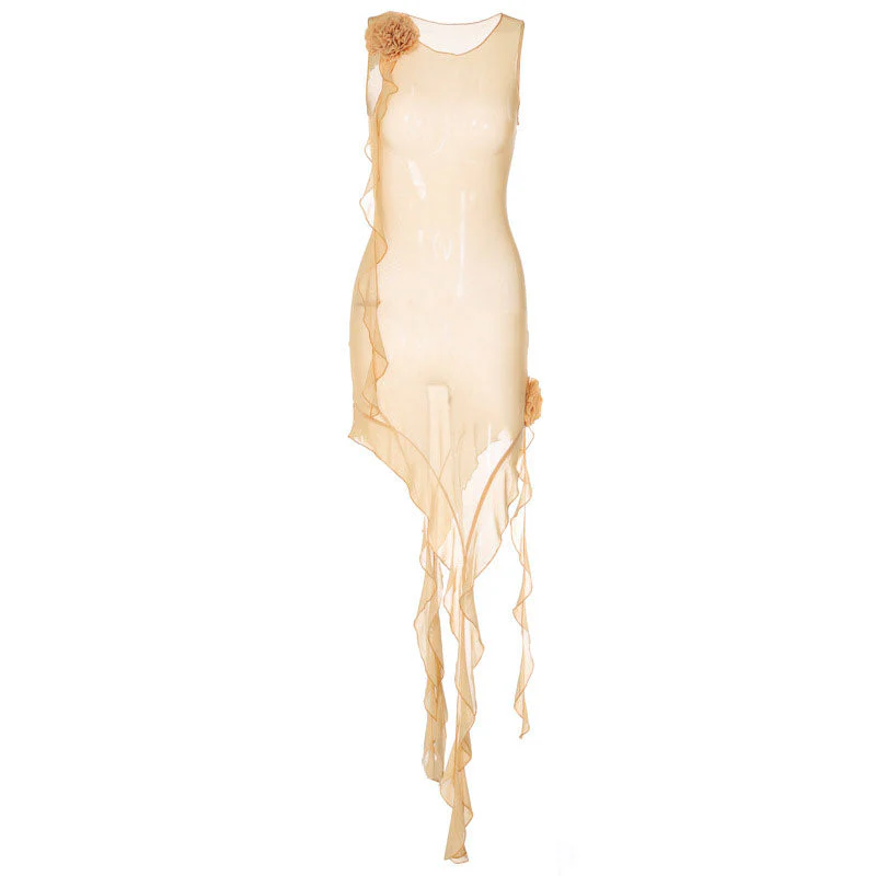 Sheer Mesh 3D Flower Ruffle Trim Sleeveless Club Dress - White - Image 3
