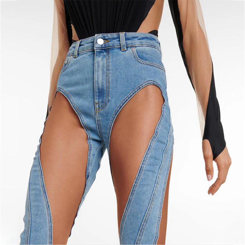 Sheer Mesh Panel Side Slit High Rise Skinny Spiral Jeans - Blue - Image 2