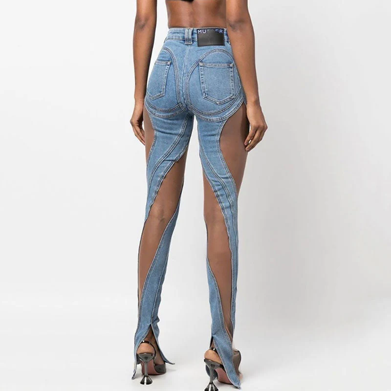 Sheer Mesh Panel Side Slit High Rise Skinny Spiral Jeans - Blue - Image 4
