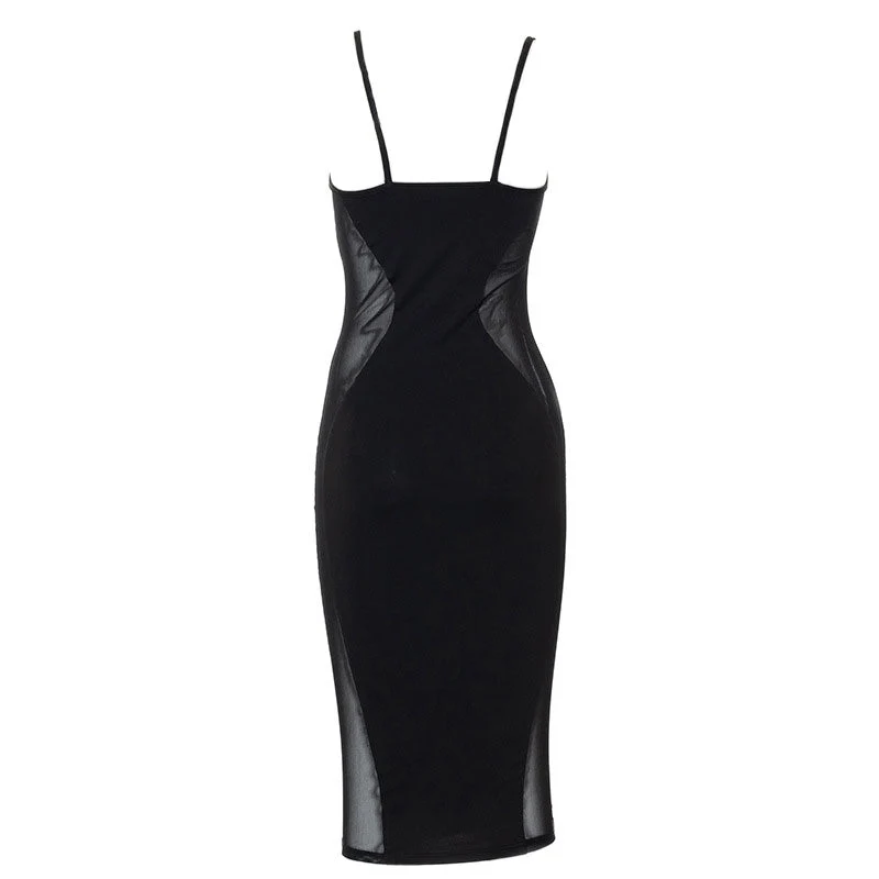 Sheer Mesh Panel Underwire Sleeveless Bodycon Party Midi Dress - Black - Image 4