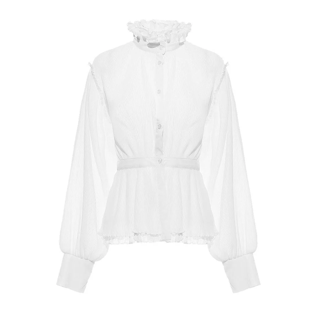 Sheer Ruffled High Neck Puff Sleeve Button Down Pleated Peplum Blouse