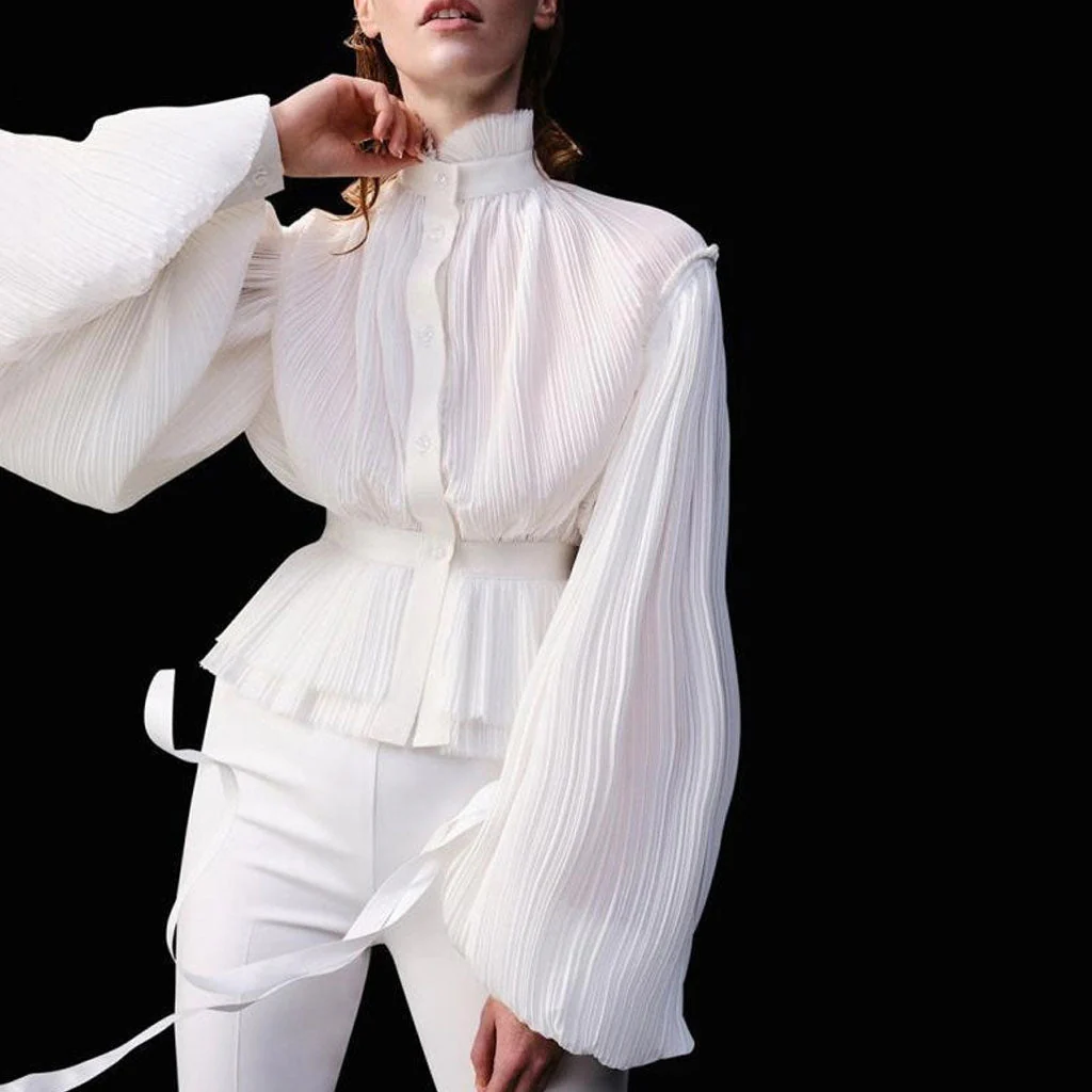 Sheer Ruffled High Neck Puff Sleeve Button Down Pleated Peplum Blouse - Image 4