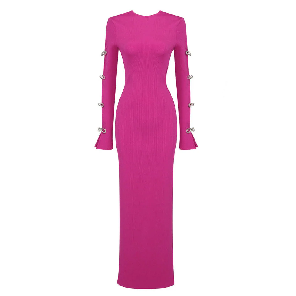 Shimmer Crystal Bow CutOut Long Sleeve Rib Knit High Split Maxi Bandage Dress - Image 8
