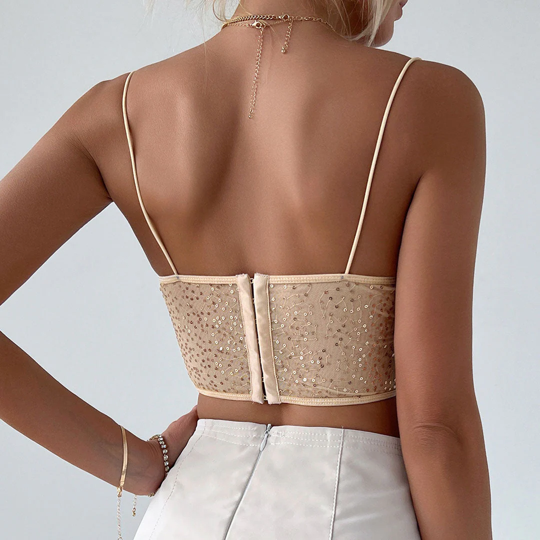 Shimmer Sweetheart Cami Sheer Sequin Lace Crop Corset Top - Apricot - Image 4