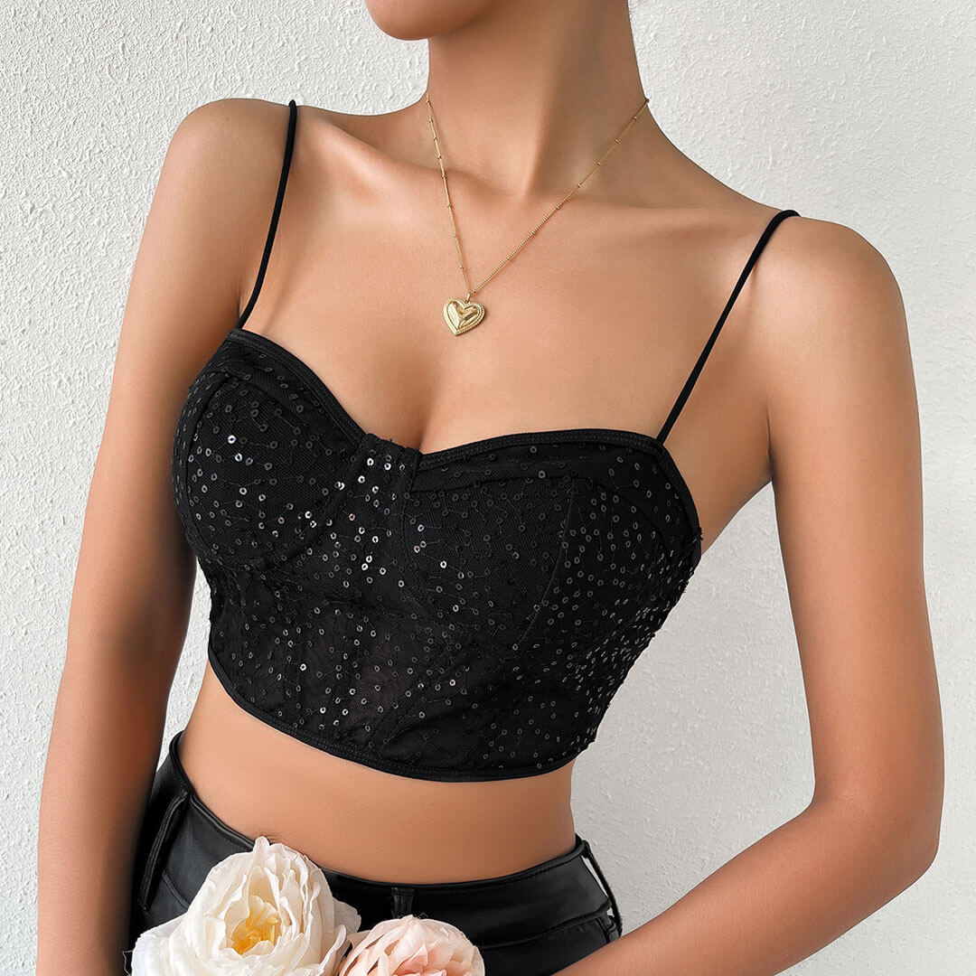 Shimmer Sweetheart Cami Sheer Sequin Lace Crop Corset Top - Black - Image 3