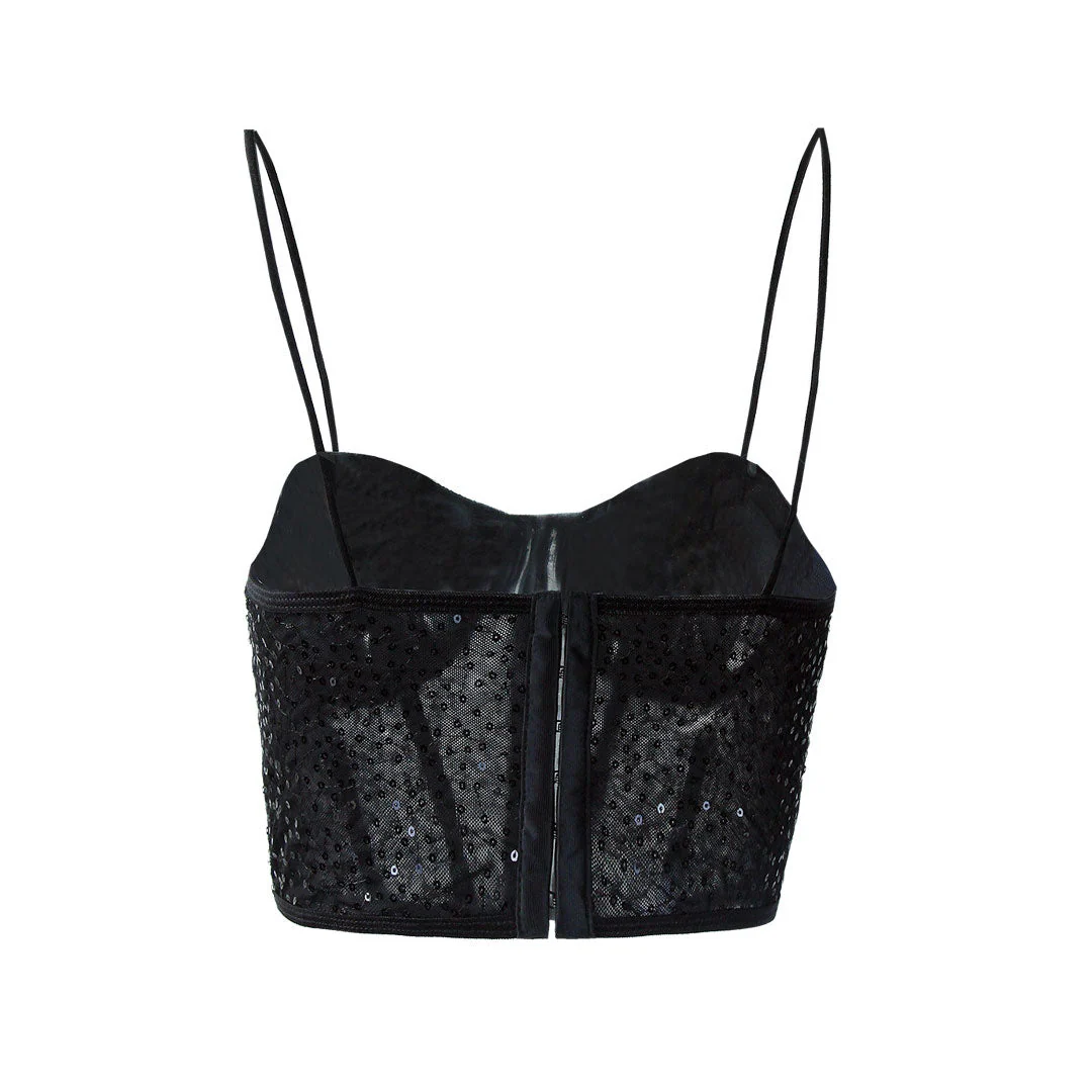 Shimmer Sweetheart Cami Sheer Sequin Lace Crop Corset Top - Black - Image 5