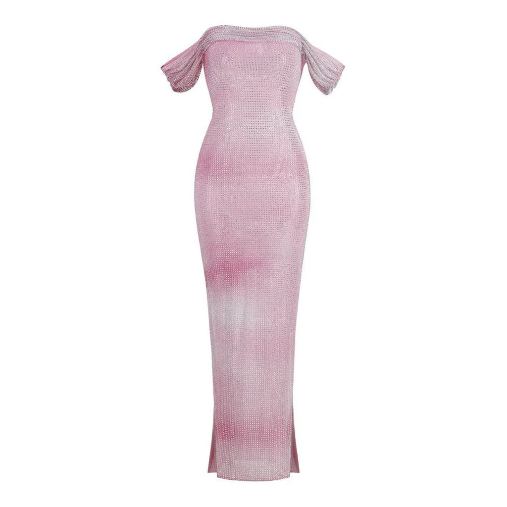 Shimmering Gradient Rhinestone Ruched Off Shoulder Side Split Maxi Sheer Dress - Image 4