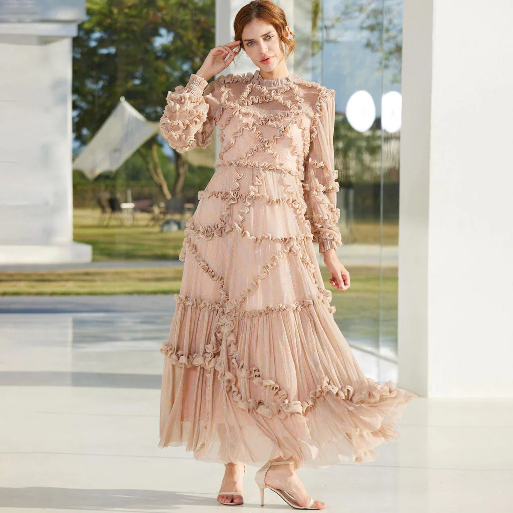 Shimmering Ruffle Mock Neck 3/4 Sheer Sleeve A Line Tulle Maxi Evening Dress - Image 4