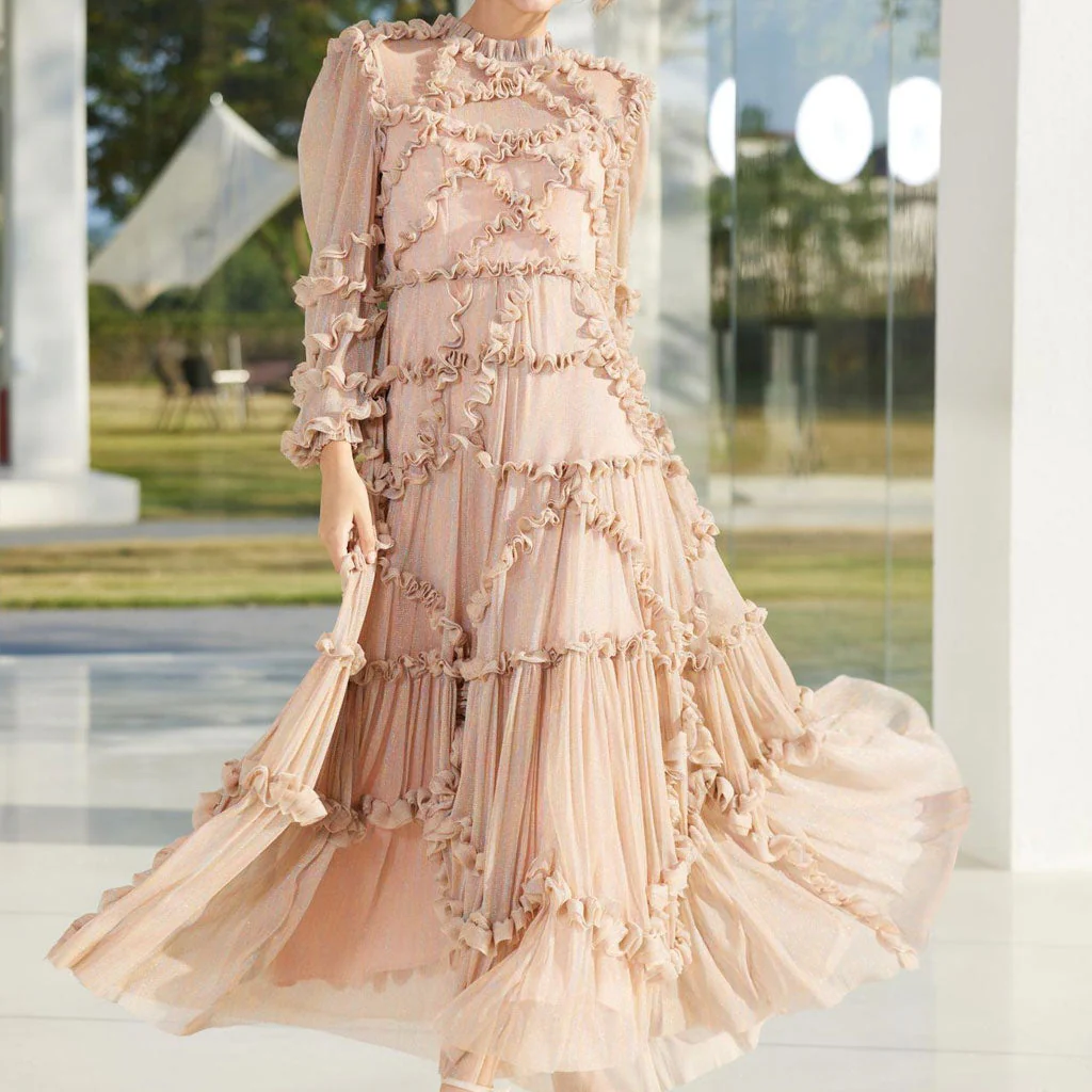 Shimmering Ruffle Mock Neck 3/4 Sheer Sleeve A Line Tulle Maxi Evening Dress - Image 6