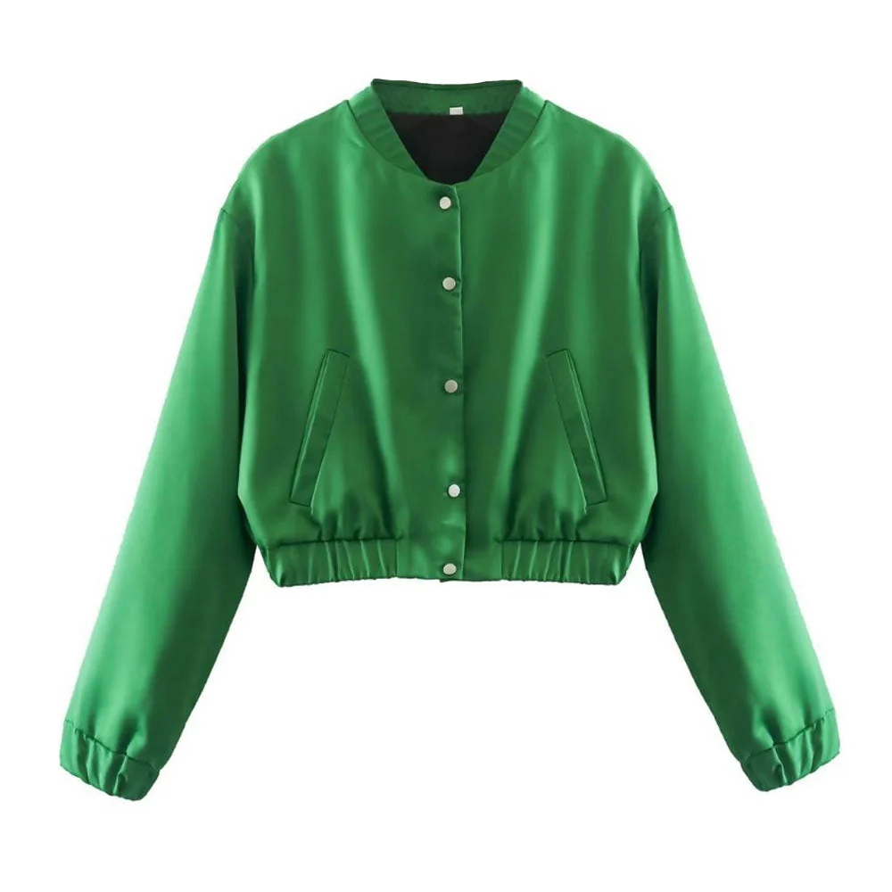 Shimmery Mock Neck Button Up Long Sleeve Bomber Jacket - Emerald Green - Image 5