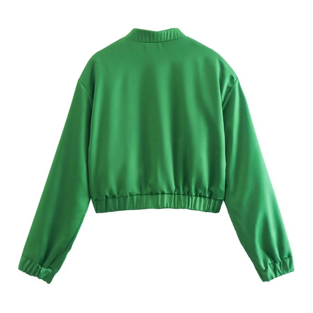 Shimmery Mock Neck Button Up Long Sleeve Bomber Jacket - Emerald Green - Image 6