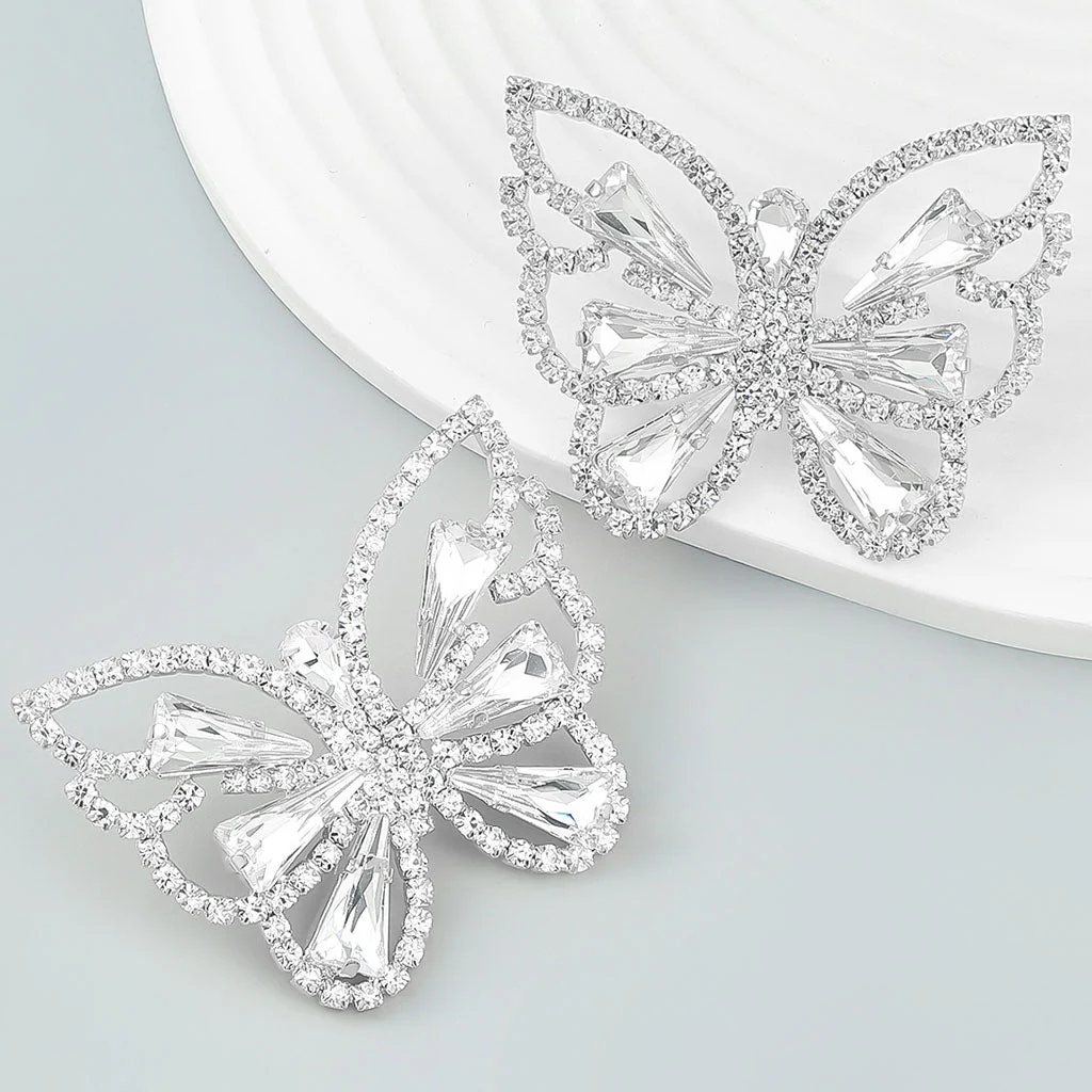 Shimmery Plated Crystal Embellished Butterfly Earrings - Silver - Image 2