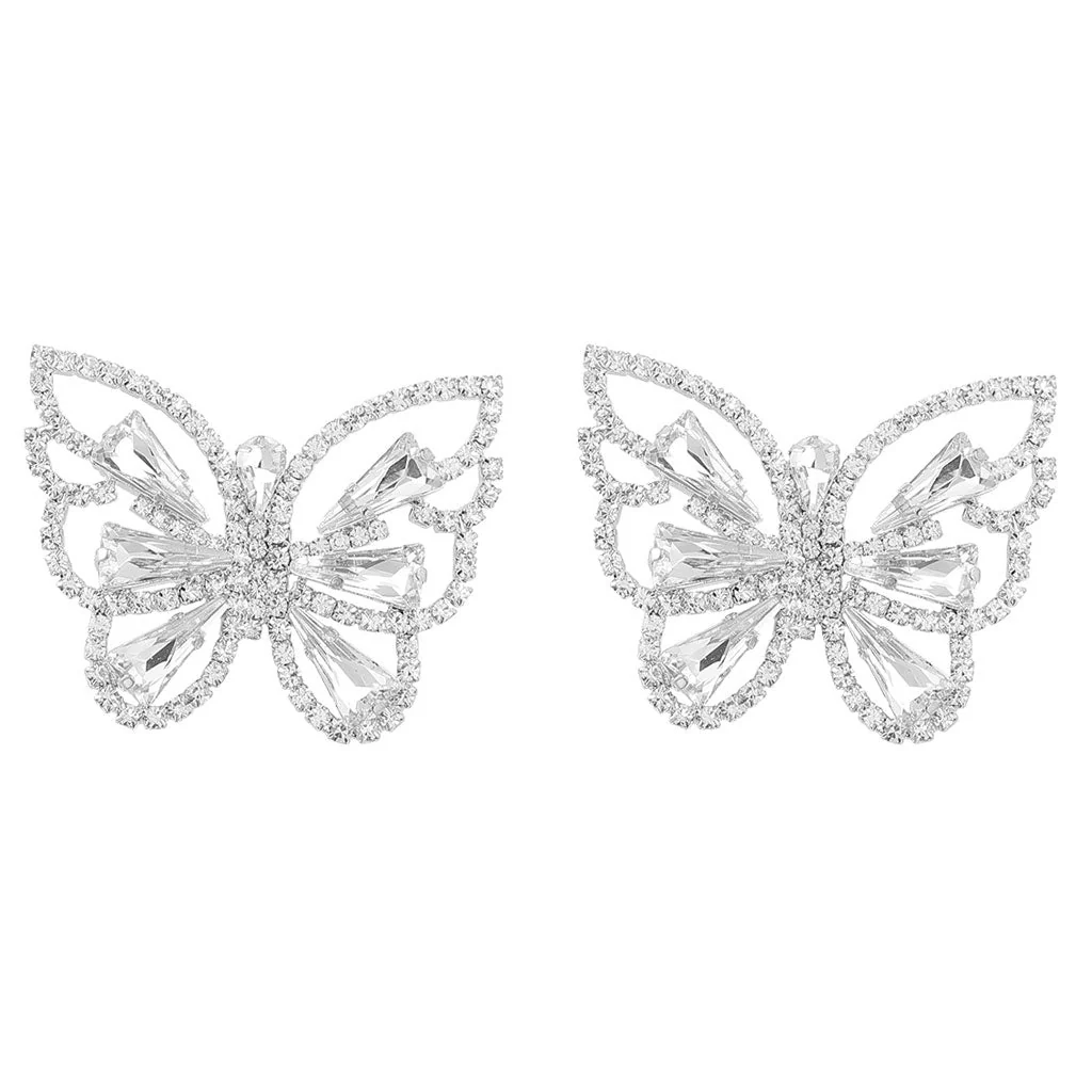 Shimmery Plated Crystal Embellished Butterfly Earrings - Silver - Image 3