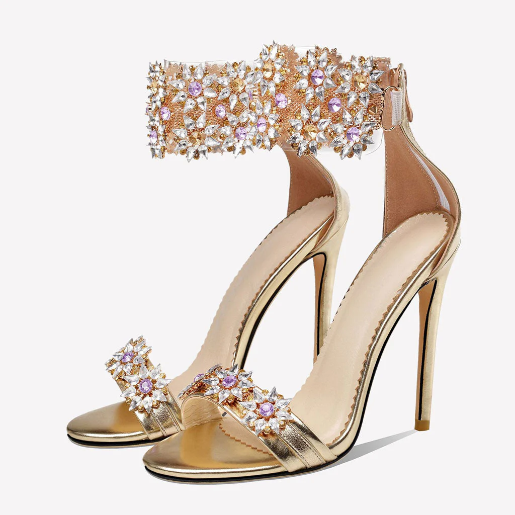 Shimmery Rhinestone Embellished Ankle Strap Stiletto Sandals - Gold - Image 3