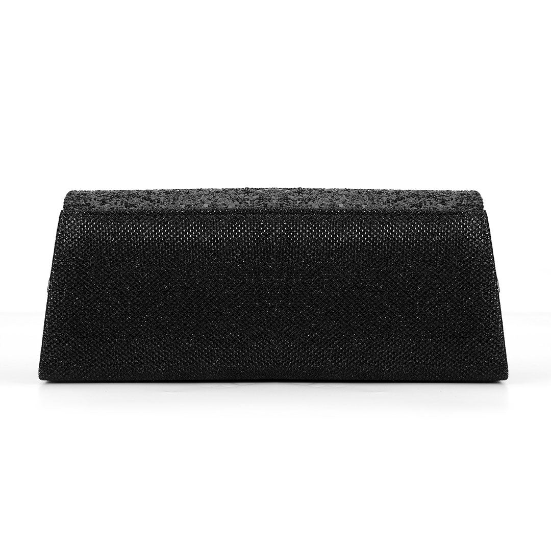 Shimmery Rhinestone Embellished Textured Flap Clutch Evening Bag - Black - Image 2