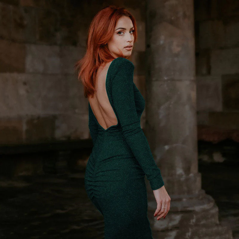 Shimmery Shoulder Pad Long Sleeve Open Back Cocktail Midi Dress - Emerald Green - Image 2