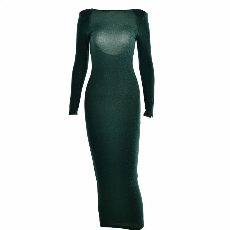 Shimmery Shoulder Pad Long Sleeve Open Back Cocktail Midi Dress - Emerald Green - Image 3