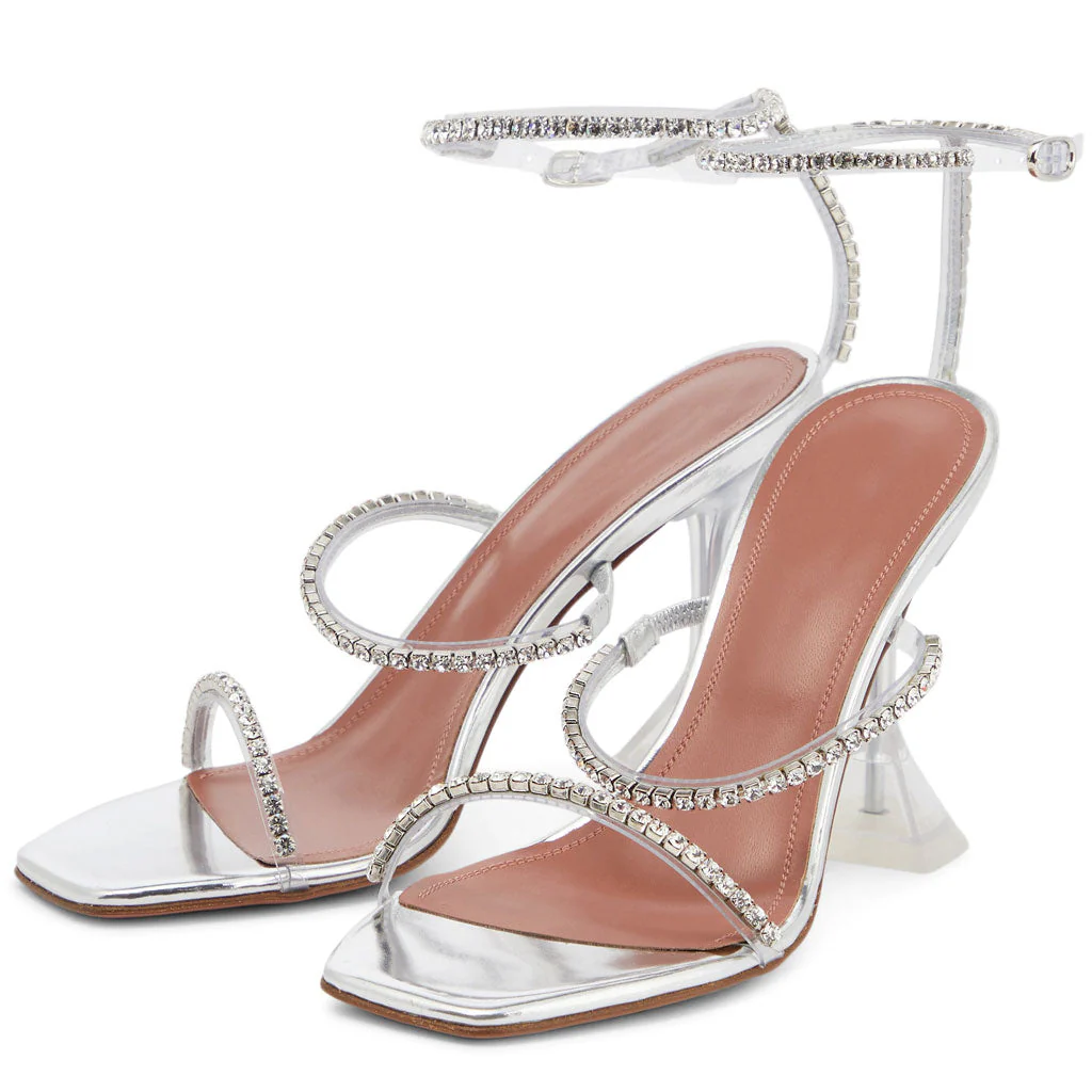 Shiny Crystal Ankle Strap Square Toe Clear PVC Martini Heel Sandals - Silver - Image 3