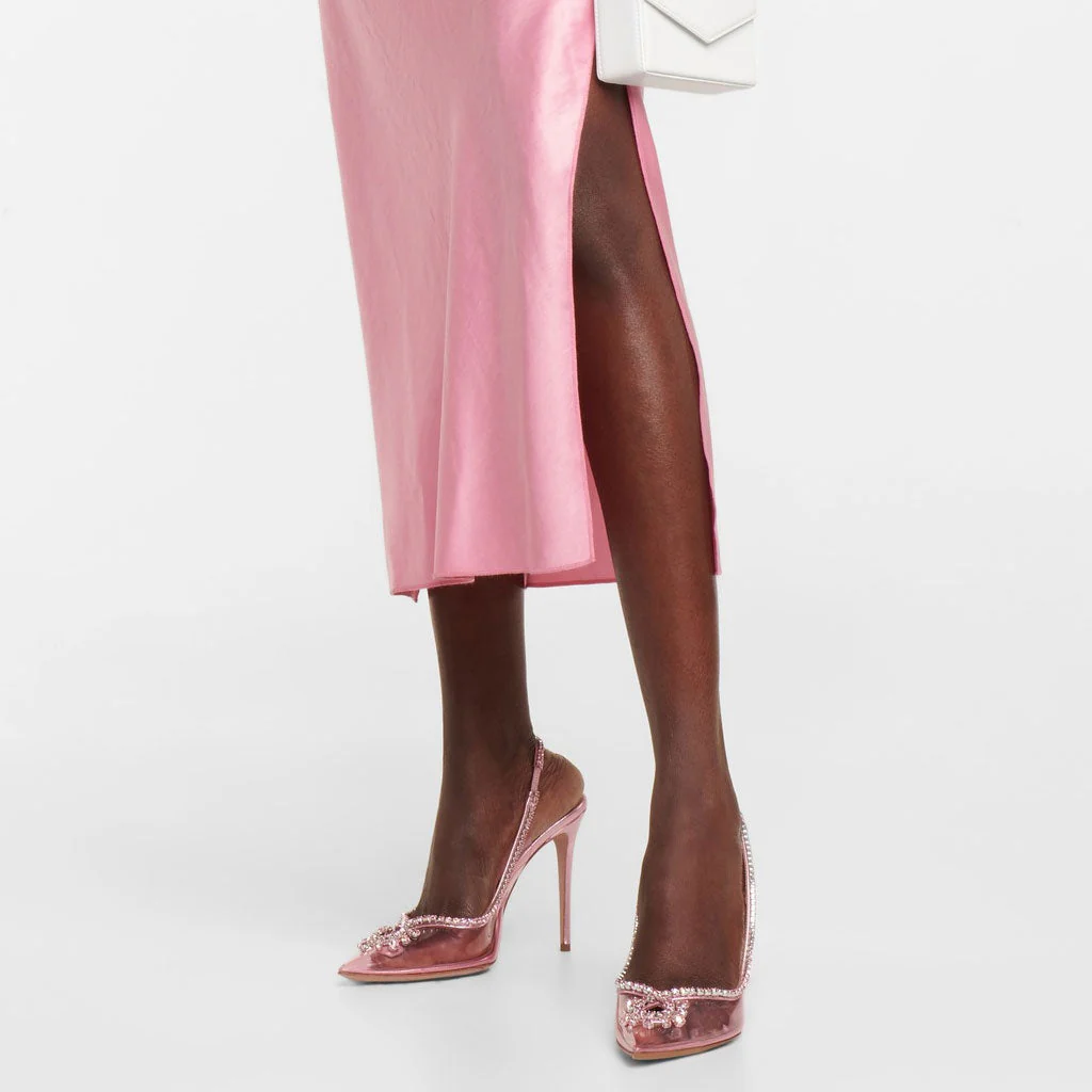 Shiny Crystal Detail Pointed Toe Stiletto PVC SlingBack Pumps - Pink - Image 3