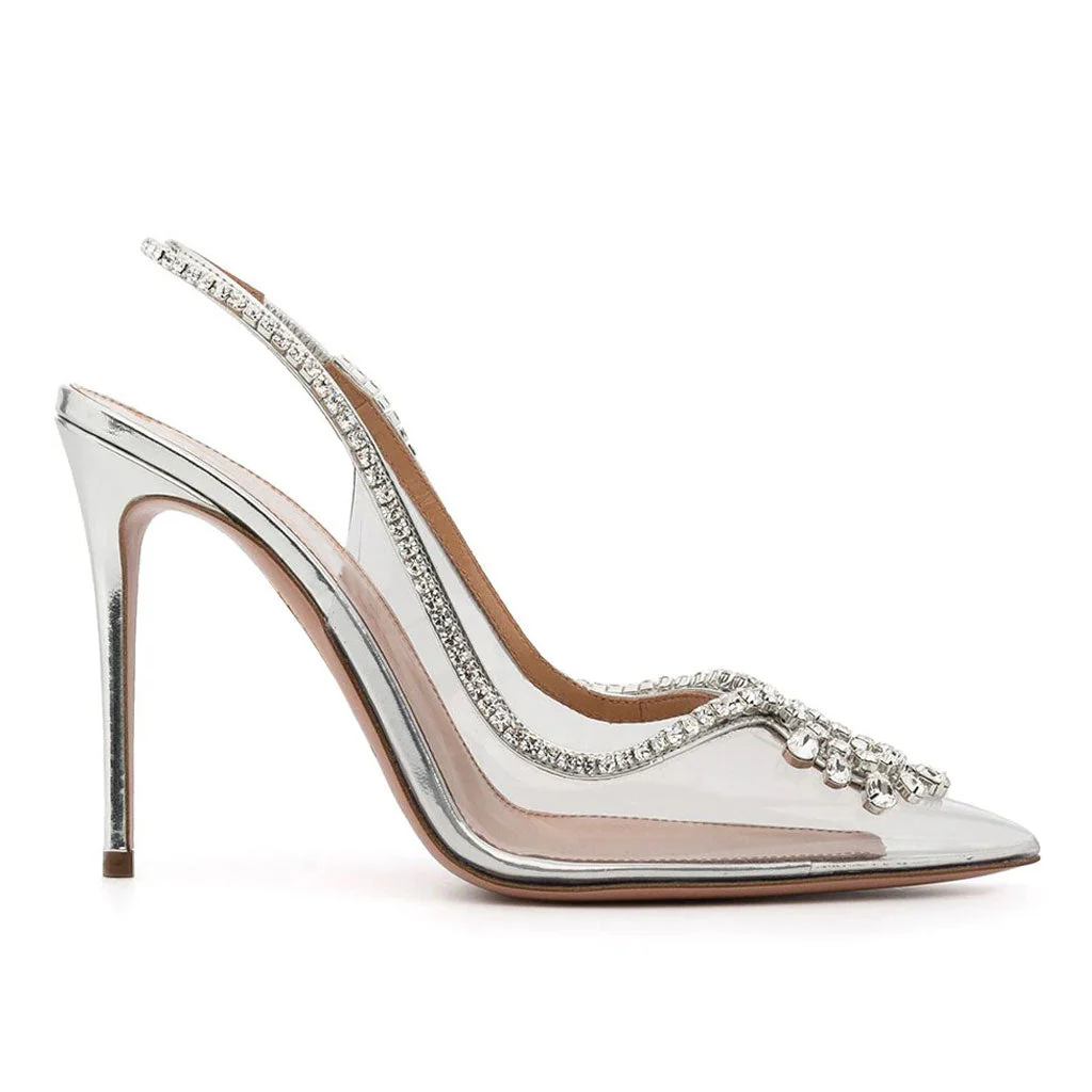 Shiny Crystal Detail Pointed Toe Stiletto PVC SlingBack Pumps - Silver - Image 3
