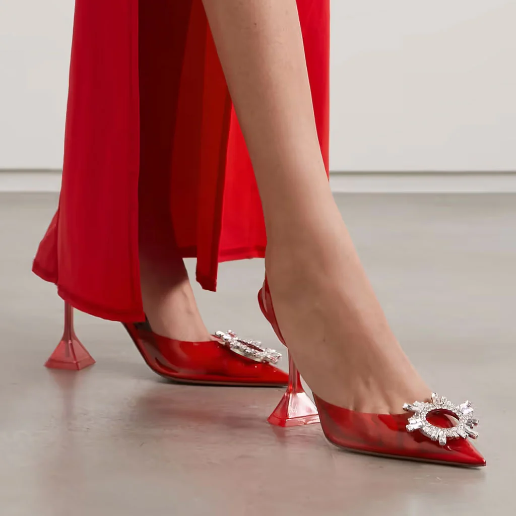 Shiny Crystal Embellished Clear Martini Heel SlingBack Pumps - Red