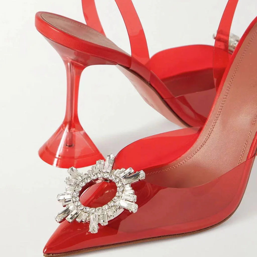 Shiny Crystal Embellished Clear Martini Heel SlingBack Pumps - Red - Image 2