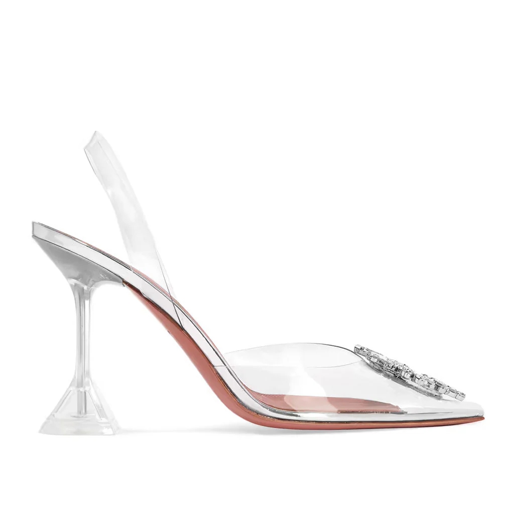 Shiny Crystal Embellished Clear Martini Heel SlingBack Pumps - Silver - Image 4