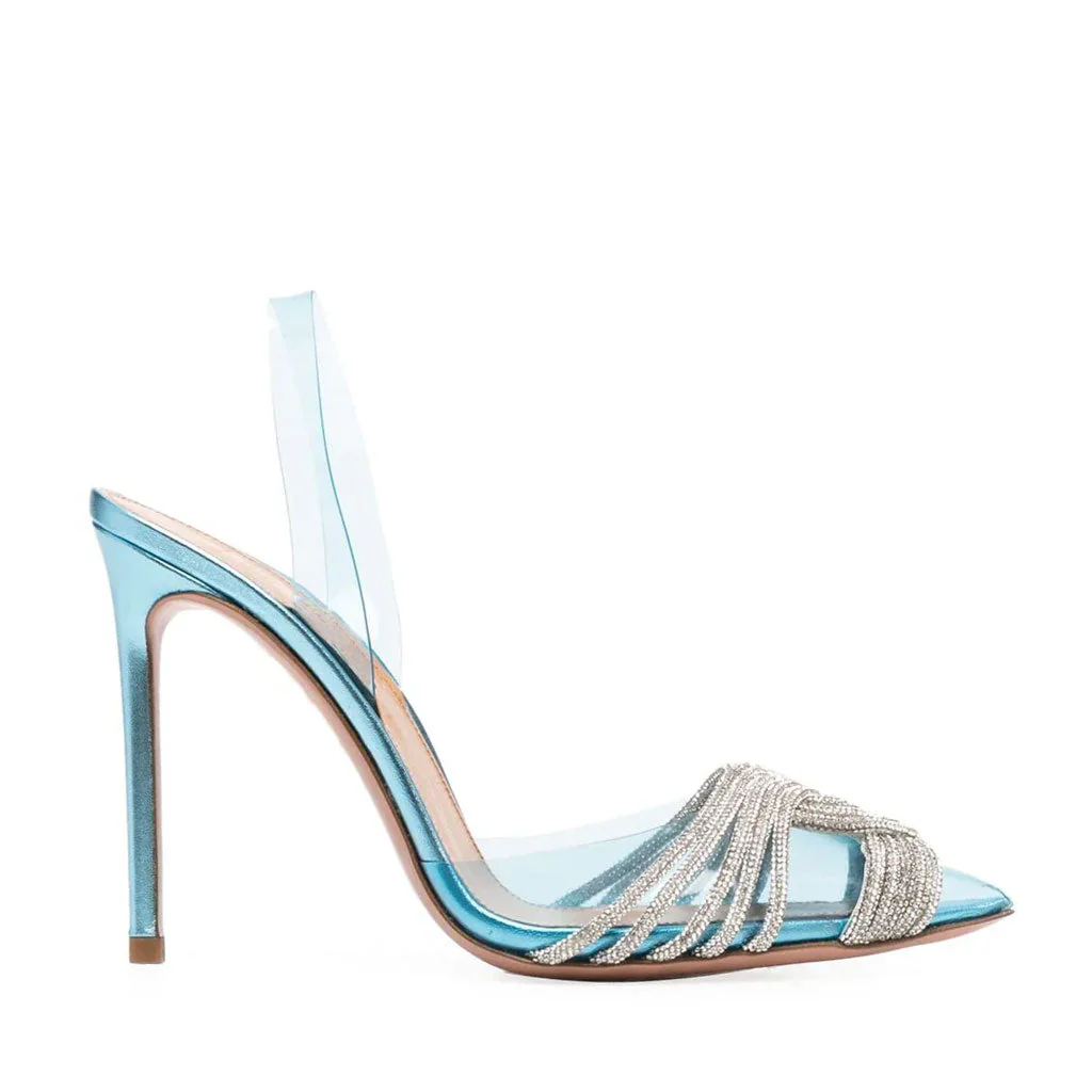 Shiny Crystal Embellished Clear PVC Stiletto SlingBack Pumps - Blue - Image 3