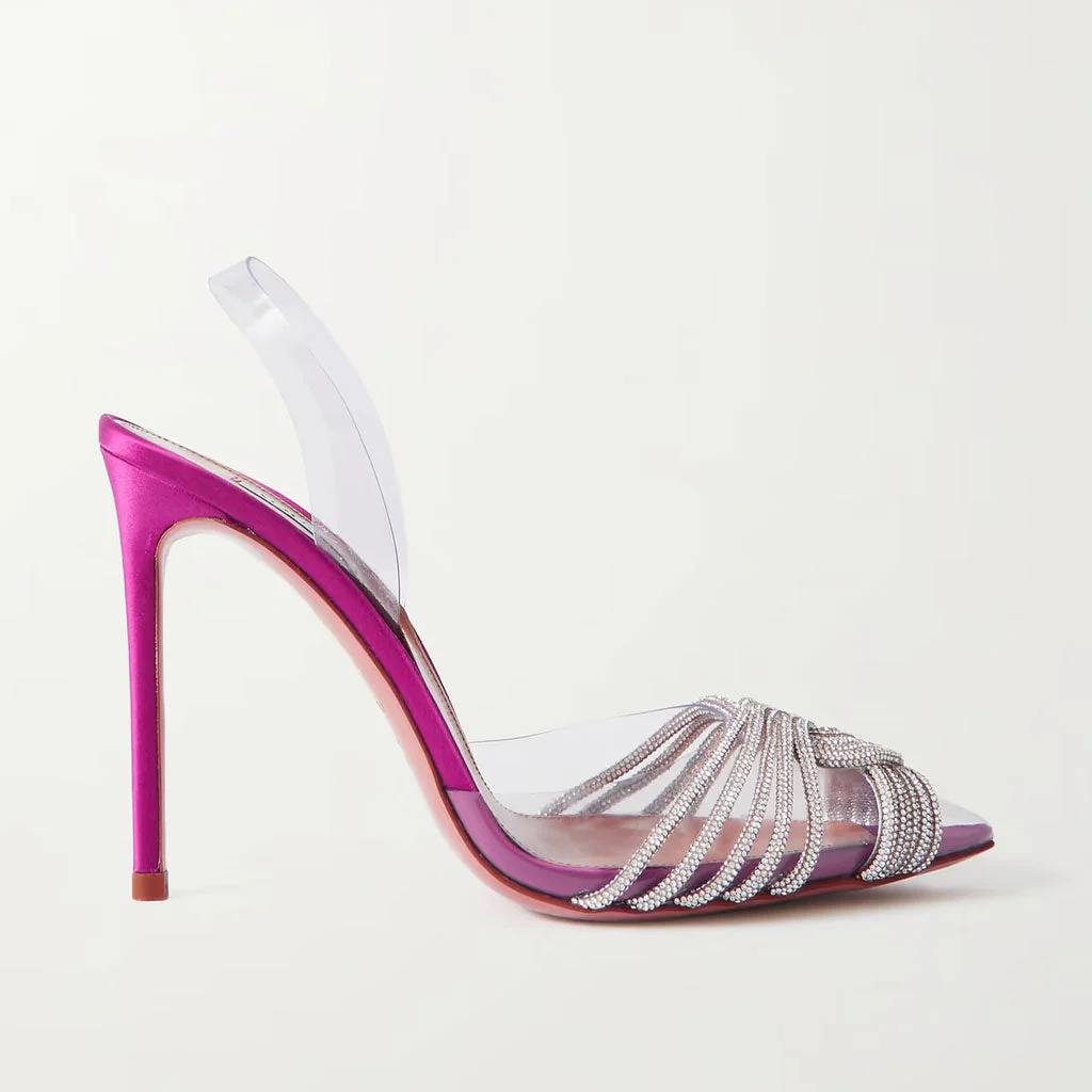 Shiny Crystal Embellished Clear PVC Stiletto SlingBack Pumps - Fuchsia - Image 4