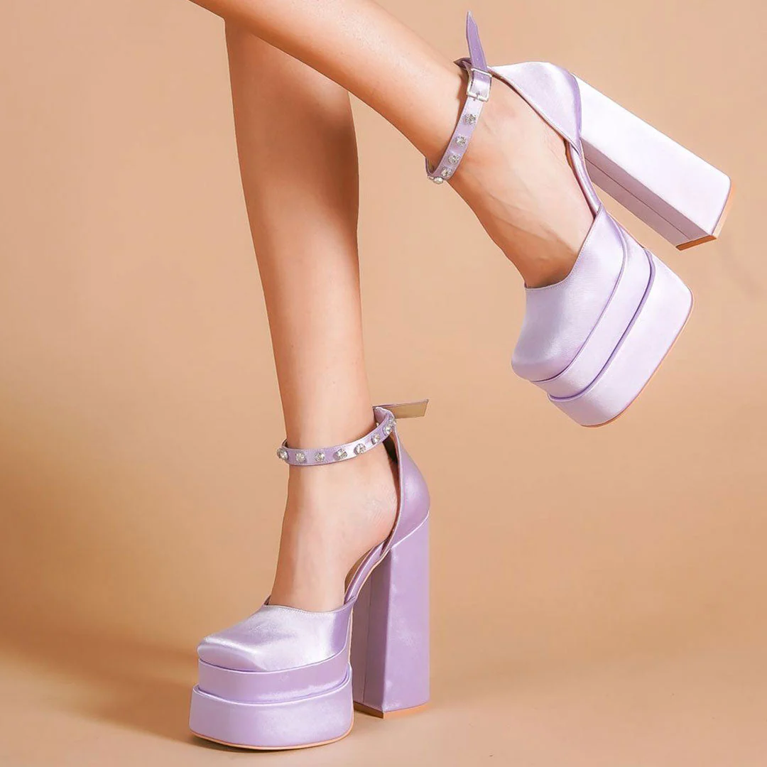 Shiny Crystal Satin Square Toe Chunky Platform Pumps - Purple - Image 2
