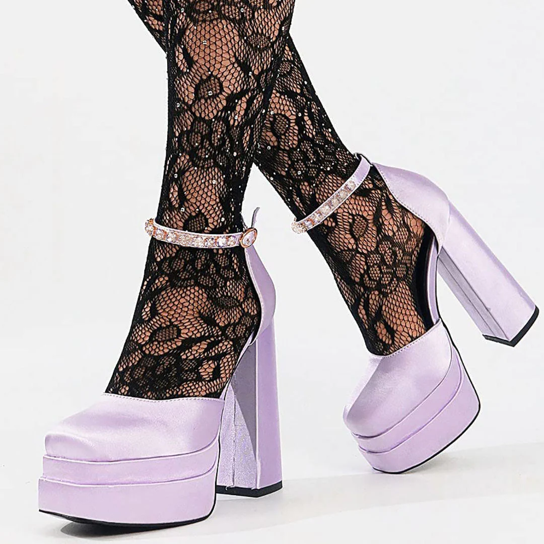 Shiny Crystal Satin Square Toe Chunky Platform Pumps - Purple - Image 3