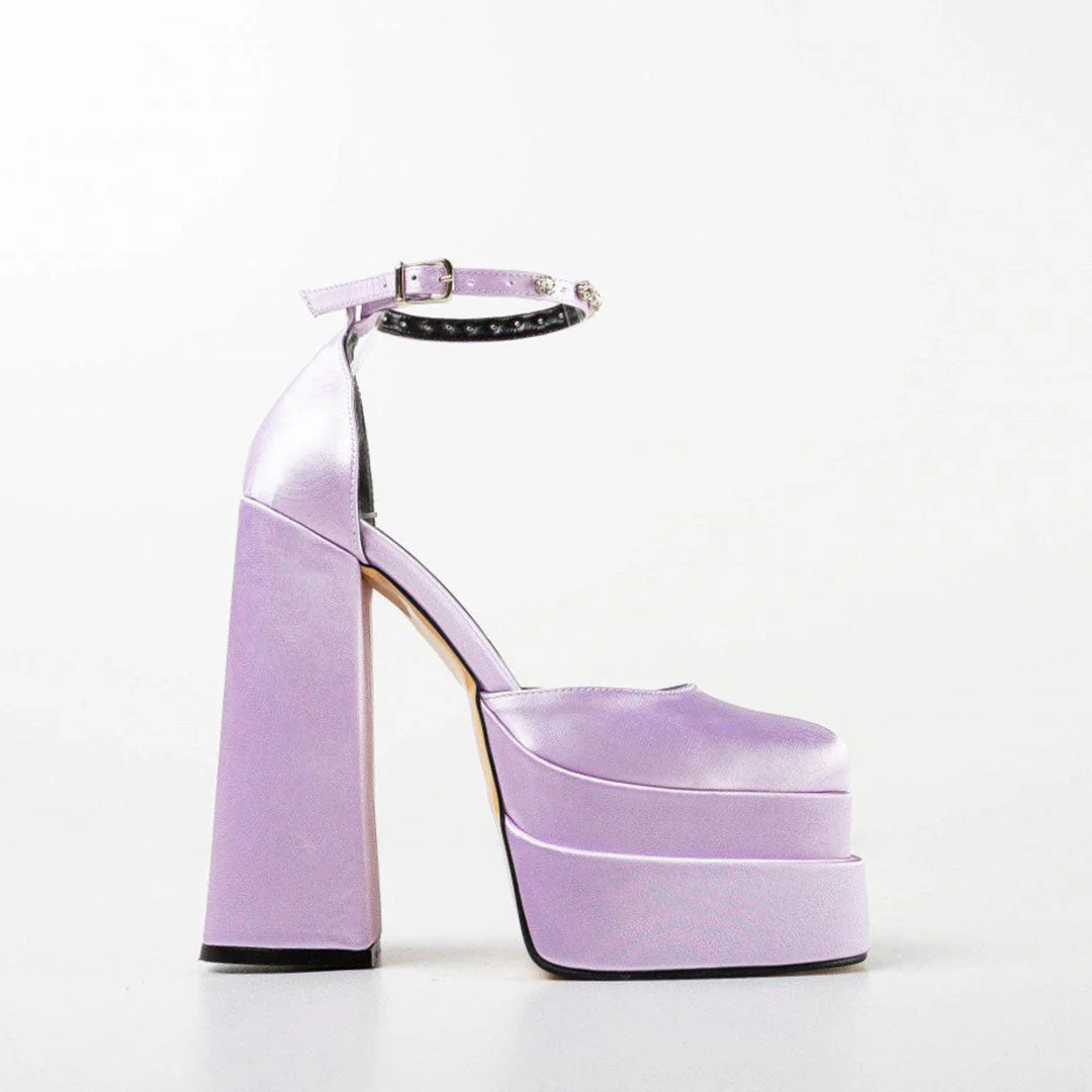 Shiny Crystal Satin Square Toe Chunky Platform Pumps - Purple - Image 5