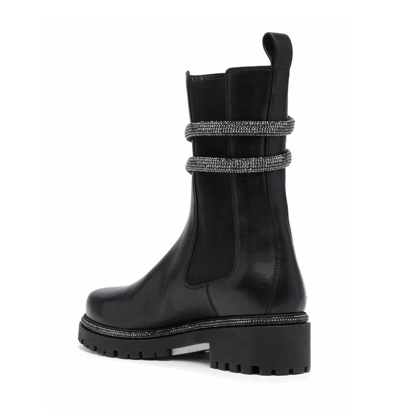 Shiny Crystal Snake Wrap Faux Leather Chelsea Ankle Boots - Black - Image 2